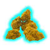  Darstellung von Cannabisblüten in einem blauen Kreis, mit Fokus auf CBD.