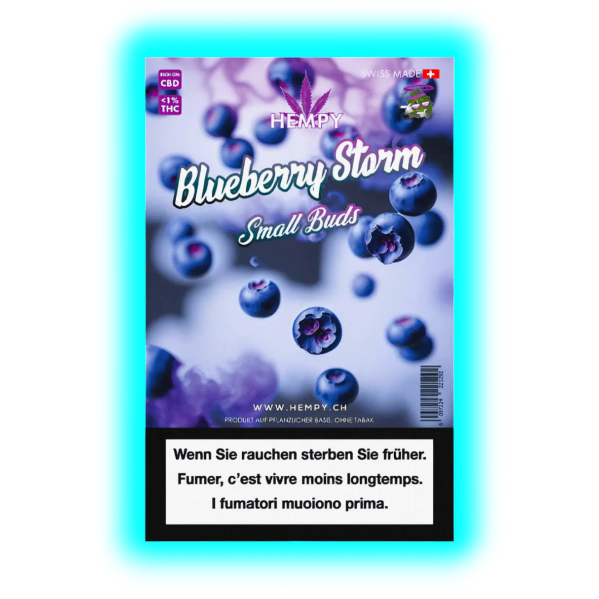 Hempy Blueberry Storm: Blaues Design mit Blaubeer-Motiven für Small Buds. Verpackung mit Warnungen in Deutsch, Französisch und Italienisch