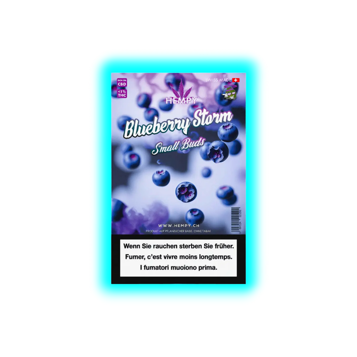 Verpackung mit der Aufschrift 'Hempy Blueberry Storm Small Buds' und Abbildungen von Blaubeeren vor blauem Hintergrund
