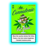 Hempy Cannatonic: Grüne Fat Buds Packung. Cartoon-Pflanze mit Sonnenbrille im Drink. Inklusive Warnungen zum Rauchen