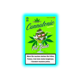 Grüne Verpackung mit der Aufschrift 'Hempy Cannatonic Indoor Fat Buds' und einer Cartoon-Illustration einer Cannabispflanze mit Sonnenbrille, die in einem Cocktailglas mit Strohhalm sitzt, dazu Warnhinweise in Deutsch, Französisch und Italienisch.