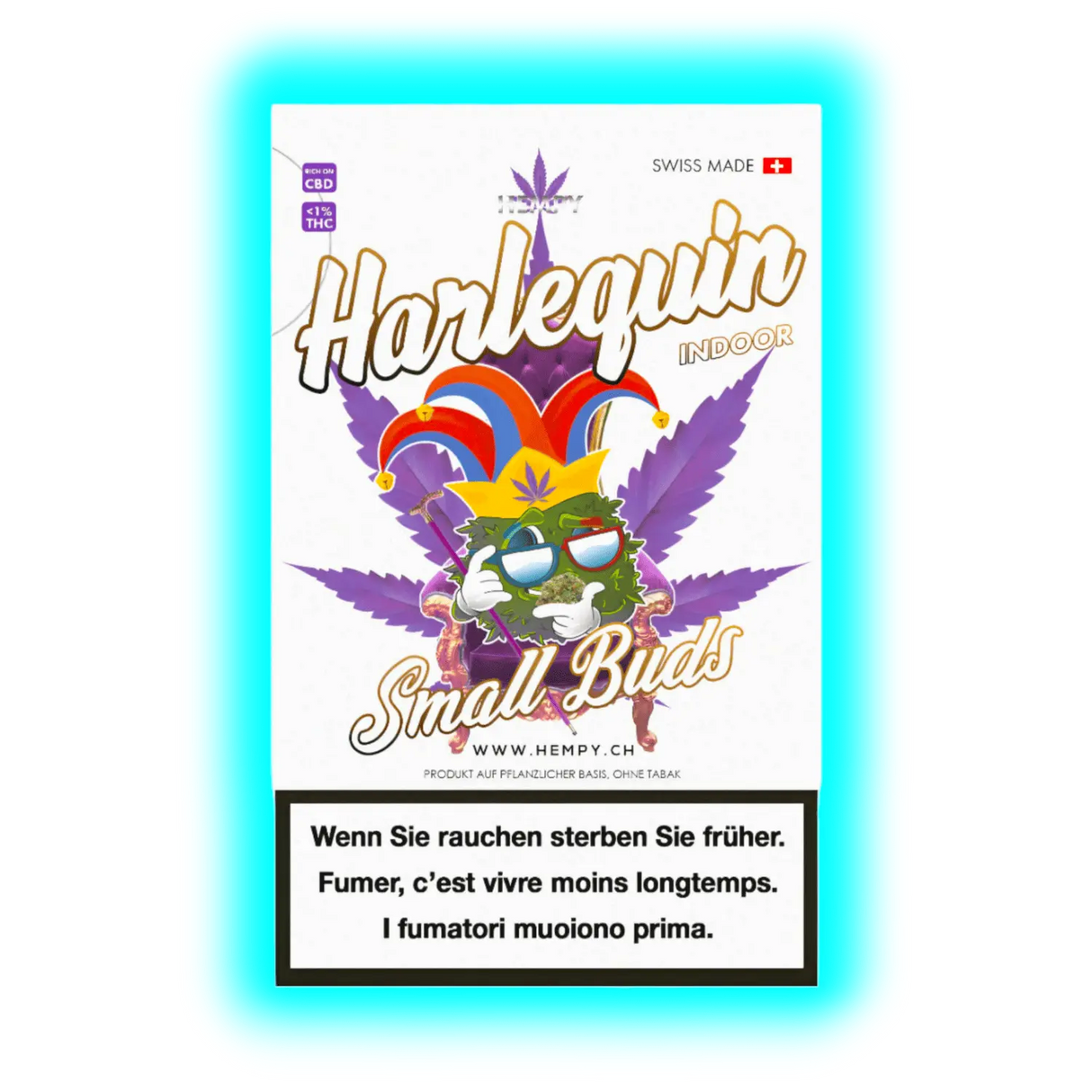 Harlequin Small Buds: Packung mit Clownshut-Logo auf Hanfblatt und Warnhinweisen in Deutsch, Französisch und Italienisch.