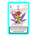 Harlequin Small Buds: Packung mit Clownshut-Logo auf Hanfblatt und Warnhinweisen in Deutsch, Französisch und Italienisch.