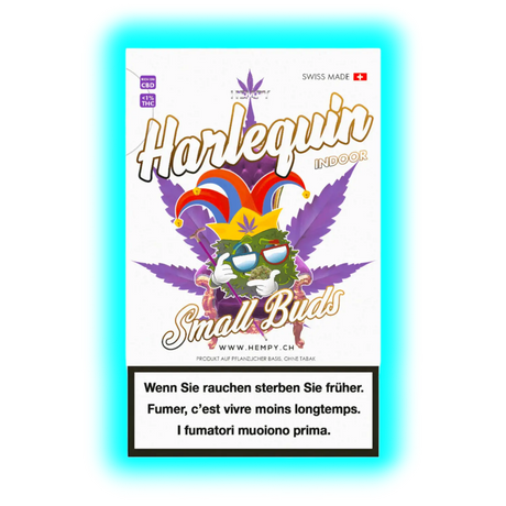 Harlequin Small Buds: Packung mit Clownshut-Logo auf Hanfblatt und Warnhinweisen in Deutsch, Französisch und Italienisch.
