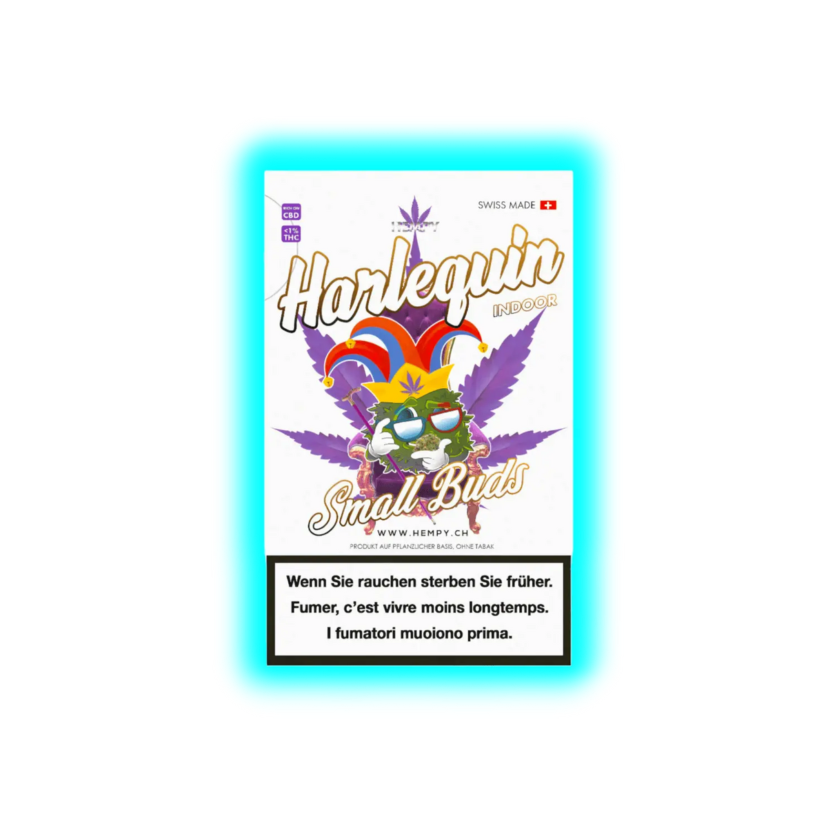 Verpackung mit der Aufschrift 'Harlequin Indoor Small Buds' und einem bunten Clownshut auf einer Cannabisblatt-Illustration, dazu Warnhinweis in Deutsch, Französisch und Italienisch.