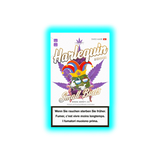 Verpackung mit der Aufschrift 'Harlequin Indoor Small Buds' und einem bunten Clownshut auf einer Cannabisblatt-Illustration, dazu Warnhinweis in Deutsch, Französisch und Italienisch.
