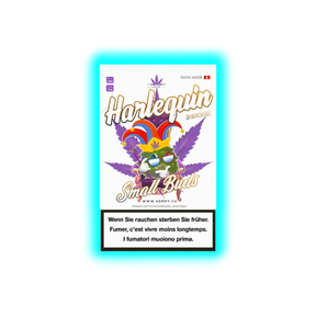 Verpackung mit der Aufschrift 'Harlequin Indoor Small Buds' und einem bunten Clownshut auf einer Cannabisblatt-Illustration, dazu Warnhinweis in Deutsch, Französisch und Italienisch.