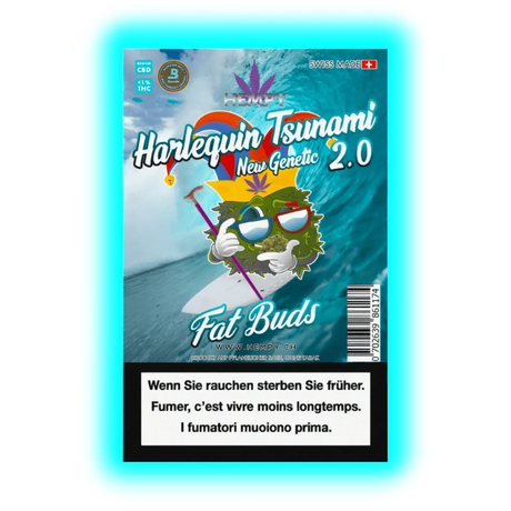 Harlequin Tsunami 2.0: Fat Buds Design mit Sonnenbrillen-Blüte und Welle. Inklusive Warnungen zum Rauchen (DE/FR/IT)