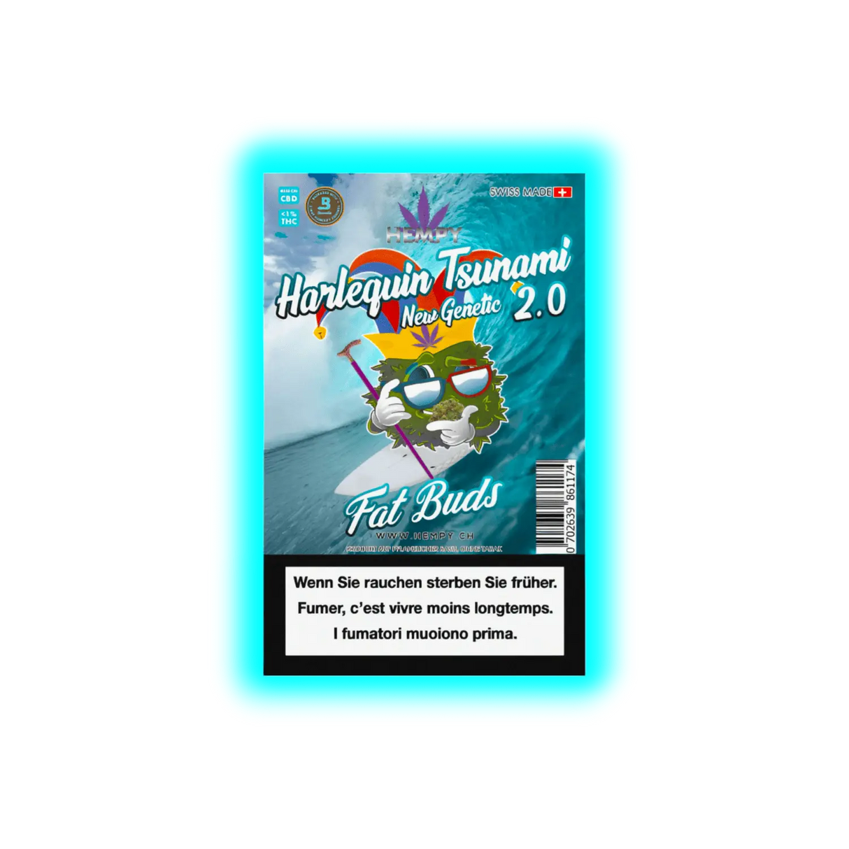Verpackung mit der Aufschrift 'Harlequin Tsunami New Genetic 2.0 Fat Buds' und einer Cartoon-Darstellung einer Cannabisblüte mit Sonnenbrille vor einer großen Welle, Warnhinweis in Deutsch, Französisch und Italienisch.