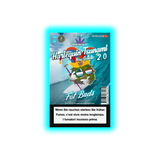 Verpackung mit der Aufschrift 'Harlequin Tsunami New Genetic 2.0 Fat Buds' und einer Cartoon-Darstellung einer Cannabisblüte mit Sonnenbrille vor einer großen Welle, Warnhinweis in Deutsch, Französisch und Italienisch.