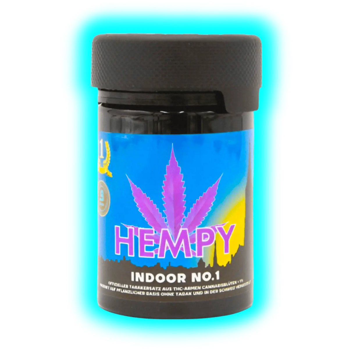 Nahaufnahme: Hempy Indoor No.1 auf schwarzem Kunststoff. Lila Blatt-Icon auf leuchtend blau-gelbem Etikett unter dem Schraubverschluss.