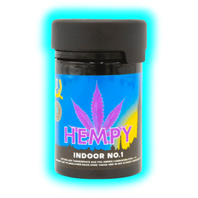 Nahaufnahme: Hempy Indoor No.1 auf schwarzem Kunststoff. Lila Blatt-Icon auf leuchtend blau-gelbem Etikett unter dem Schraubverschluss.