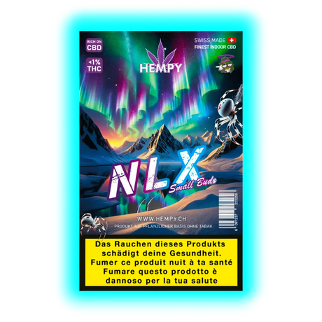 HEMPY NLX Small Buds‘ Packung mit Nordlichtern über Berglandschaft, CBD-Hinweis und mehrsprachigen Warntexten.