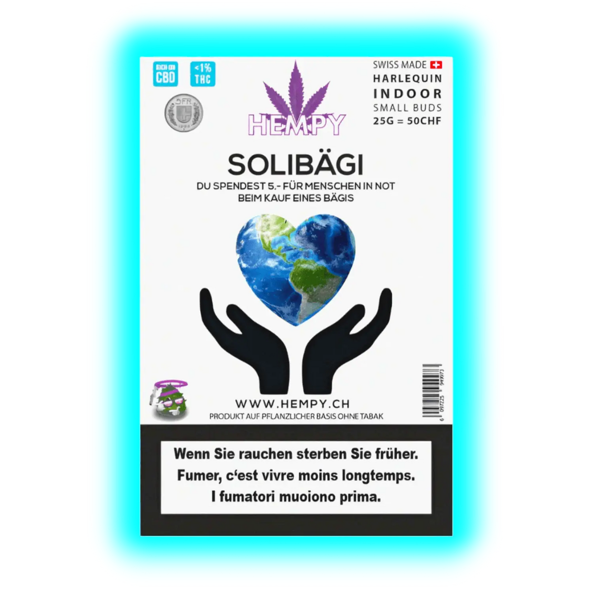 Nahaufnahme: Solbagi Label. Fokus auf die 10g Inhaltsangabe und das ökologische Verpackungsmaterial der CBD-reichen Hanfblüten