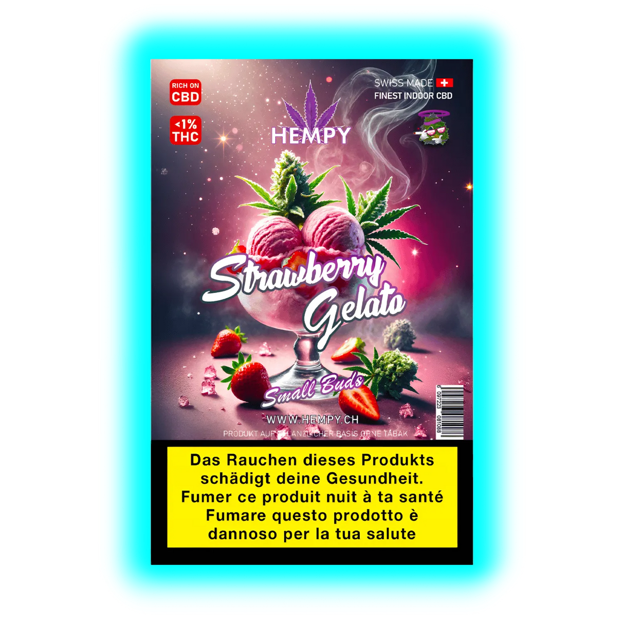 Hempy Strawberry Gelato Small Buds‘ Packung mit Warnhinweis, umrahmt von illustrierten Erdbeeren und Hanfblättern.