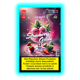 Hempy Strawberry Gelato Small Buds‘ Packung mit Warnhinweis, umrahmt von illustrierten Erdbeeren und Hanfblättern.