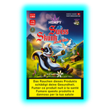 Hempy Swiss Skunk Small Buds‘: Entspanntes Stinktier vor Alpenpanorama mit Hütte und dreisprachigen Warnhinweisen