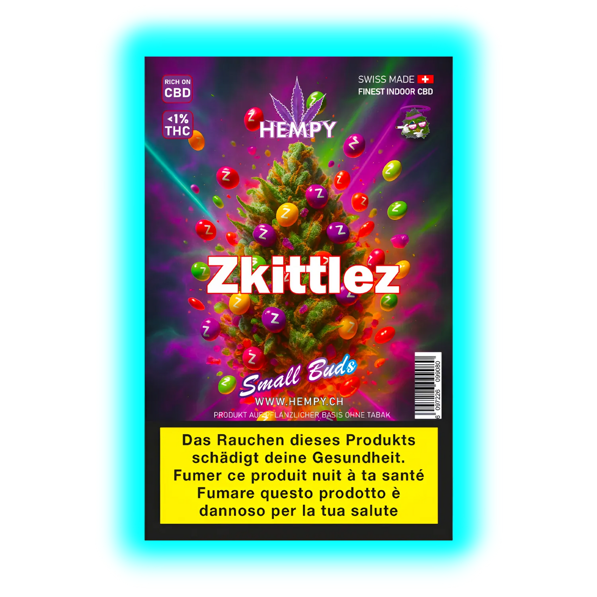 „Verpackung von Hempy Zkittlez CBD Small Buds mit bunten Bonbon-Grafiken und Cannabisblüte, Swiss Made, unter 1 % THC.“