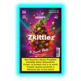 „Verpackung von Hempy Zkittlez CBD Small Buds mit bunten Bonbon-Grafiken und Cannabisblüte, Swiss Made, unter 1 % THC.“