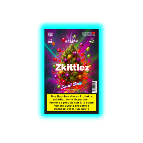 Verpackung mit der Aufschrift 'Hempy Zkittlez Small Buds' und Warnhinweis zum Gesundheitsschaden durch Rauchen in Deutsch, Französisch und Italienisch