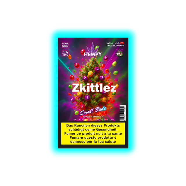 Verpackung mit der Aufschrift 'Hempy Zkittlez Small Buds' und Warnhinweis zum Gesundheitsschaden durch Rauchen in Deutsch, Französisch und Italienisch