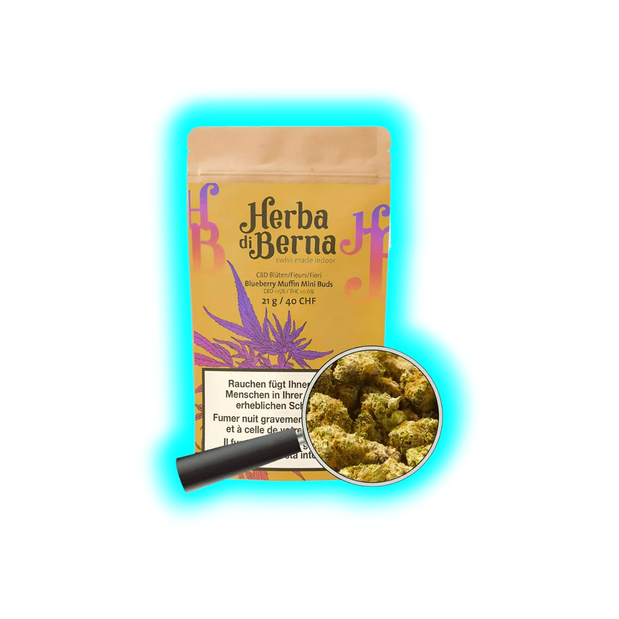 Verpackung von Herba di Berna Blueberry Muffin Mini Buds CBD-Blüten mit Vergrößerungsglas, das die kleinen Blüten zeigt