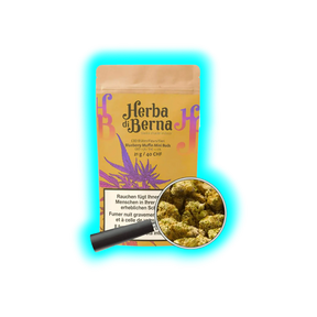 Verpackung von Herba di Berna Blueberry Muffin Mini Buds CBD-Blüten mit Vergrößerungsglas, das die kleinen Blüten zeigt