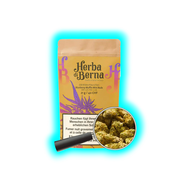 Verpackung von Herba di Berna Blueberry Muffin Mini Buds CBD-Blüten mit Vergrößerungsglas, das die kleinen Blüten zeigt
