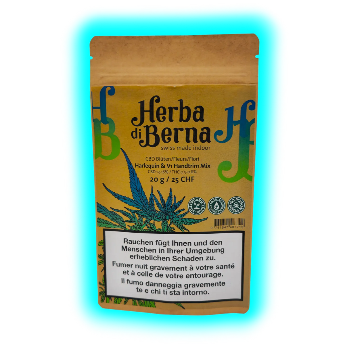 Herba di Berna CBD-Blütenmischung in brauner Verpackung mit grüner und blauer Pflanzenzeichnung sowie Warnhinweis auf der Vorderseite.