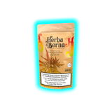 Verpackung mit der Aufschrift 'Herba di Berna swiss made outdoor' und 'Mango Haze Limited Edition 45 g / 40 CHF' sowie einer stilisierten Hanfpflanze und einem Warnhinweis in mehreren Sprachen