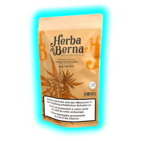 Orangello Limited Edition von Herba di Berna. Beutel mit Pflanzen-Motiv und obligatorischen Warnhinweisen in drei Sprachen