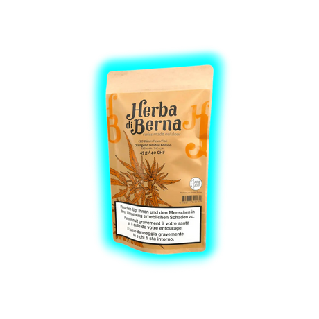 Beutel mit Herba di Berna CBD-Blüten in der Orangello Limited Edition mit Pflanzenillustration und Warnhinweis in Deutsch, Französisch und Italienisch