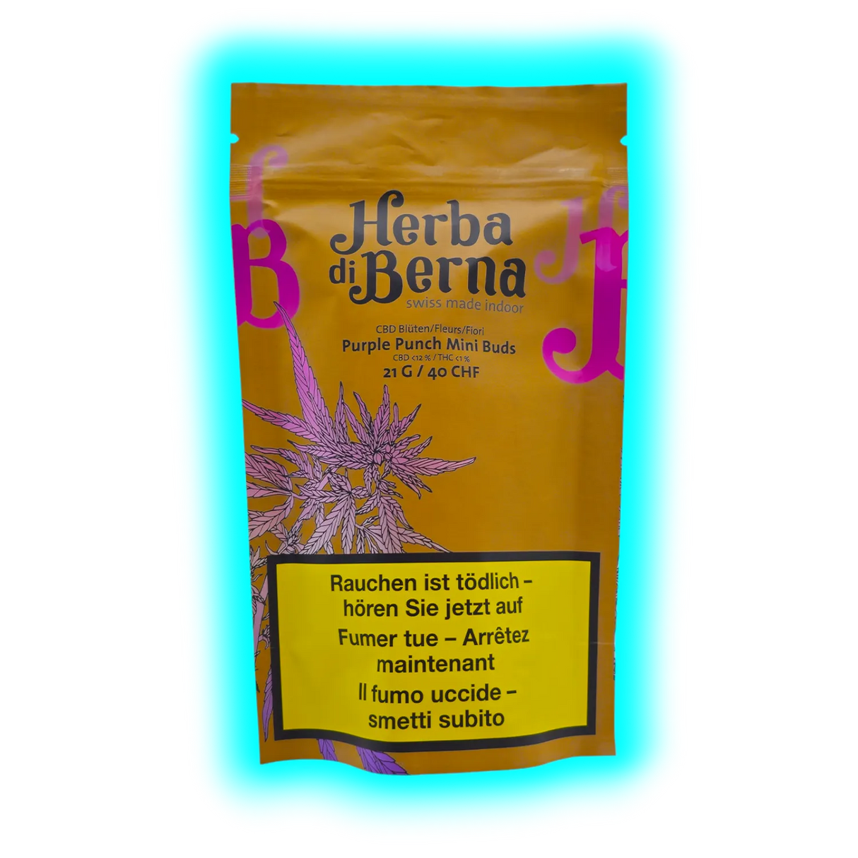 Herba di Berna Purple Punch Mini Buds 21g Indoor CBD Blüten geöffnete Verpackung mit Schutzsiegel Detailaufnahme