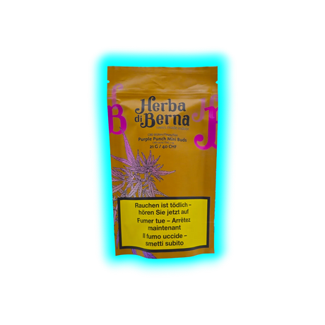 Herba di Berna Purple Punch Mini Buds 21g Indoor CBD Blüten violette Verpackung Frontalansicht