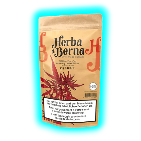 Herba di Berna: 45g Strawberry Limited Edition. Großpackung mit dreisprachigen Warnhinweisen zur Schädlichkeit des Rauchens