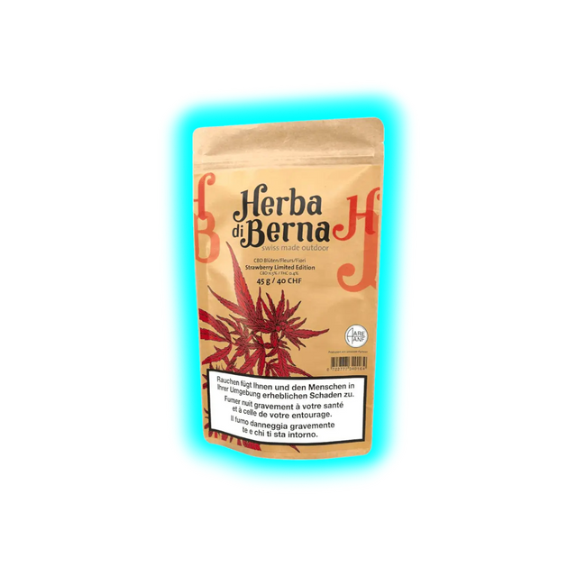 Verpackung mit der Aufschrift 'Herba di Berna', 'Strawberry Limited Edition', 45 g CBD-Blüten, mit Warnhinweis zum Rauchen in Deutsch, Französisch und Italienisch
