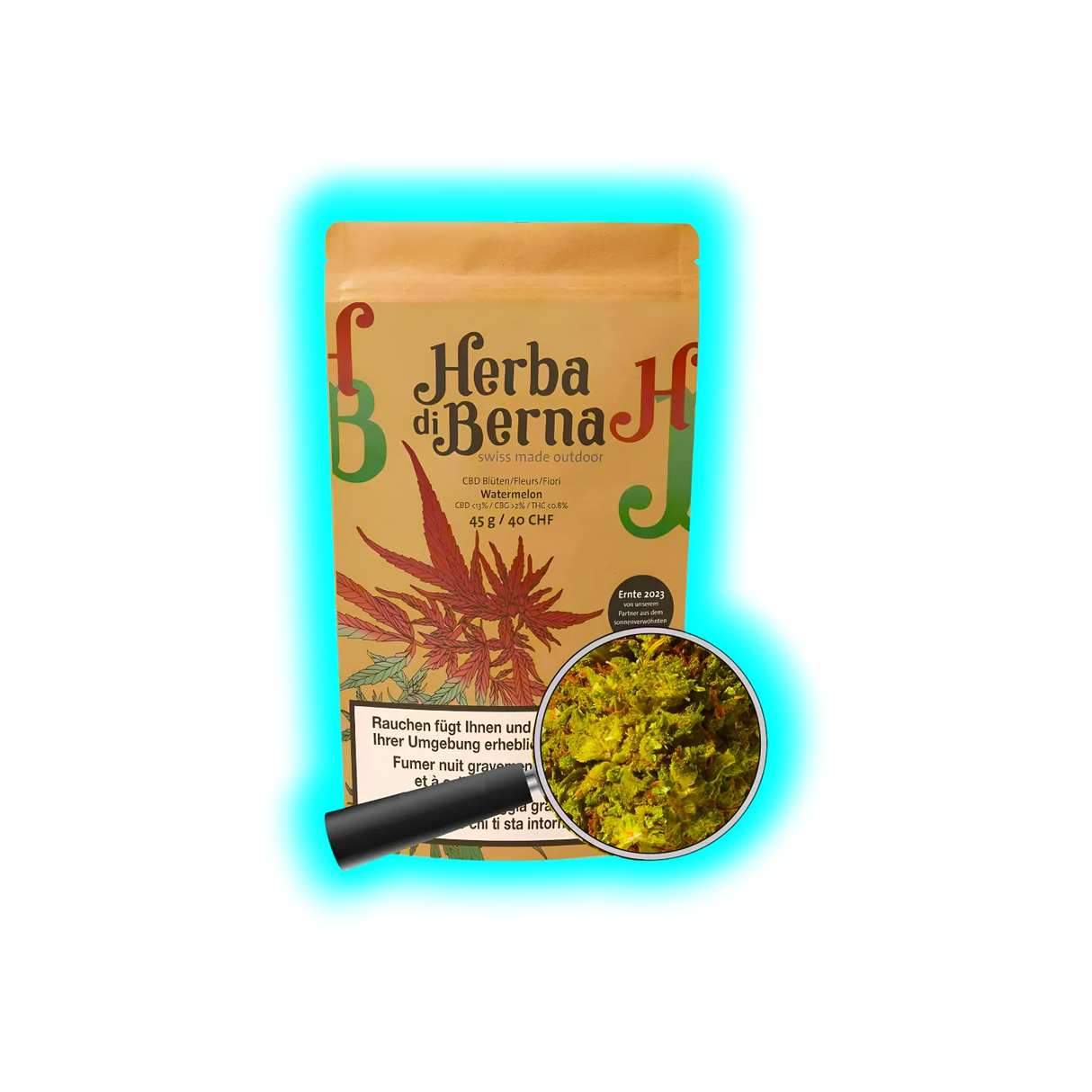 Verpackung mit der Aufschrift 'Herba di Berna swiss made outdoor' und 'CBD Watermelon 45 g / 40 CHF' mit einer Vergrößerung auf getrocknete Pflanzenblüten.