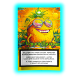 Ausschnitt: Lachende Zitrone auf orangefarbenem Grund. ‚Lemon Haze‘ Schriftzug über den obligatorischen Warntexten.