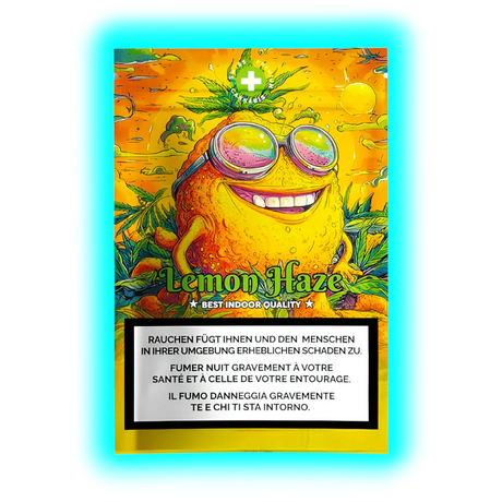 Ausschnitt: Lachende Zitrone auf orangefarbenem Grund. ‚Lemon Haze‘ Schriftzug über den obligatorischen Warntexten.