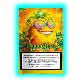 Lemon Haze CBD-Verpackung: Illustrierte Zitrone mit Sonnenbrille, Cannabis-Grafik und gesetzlichen Gesundheitshinweisen.