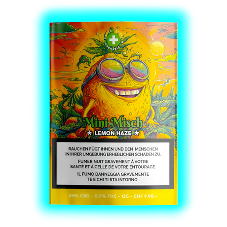Zitronen-Illustration auf Misch Lemon Haze (25g). Sichtbare Details: 25% CBD, 0,9% THC, Preis CHF 19.90 und Warnhinweise.