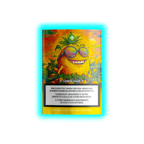 Misch Lemon Haze 25g (CHF 19.90): Packung mit Zitronen-Grafik, 25% CBD, 0,9% THC und mehrsprachigen Gesundheitshinweisen