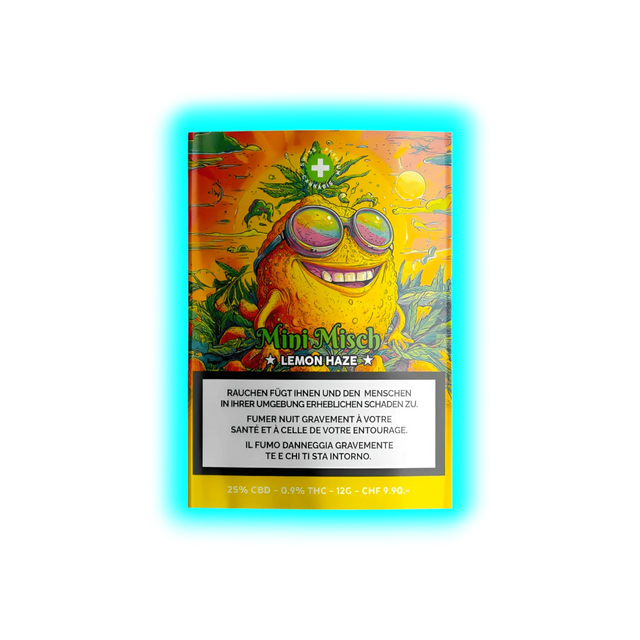 Misch Lemon Haze 25g (CHF 19.90): Packung mit Zitronen-Grafik, 25% CBD, 0,9% THC und mehrsprachigen Gesundheitshinweisen