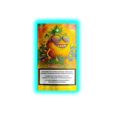 Lachende Zitrone mit Sonnenbrille auf ‚Misch Lemon Haze‘ Packung (25g). Inkl. Preis CHF 19.90, Laborwerten (25% CBD) und Warntexten.