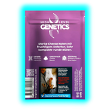 Violette ‚High Level Genetics‘ Packung mit Infos zu Genetik und Züchtung, QR-Code und mehrsprachigem Warnhinweis zum Rauchstopp.