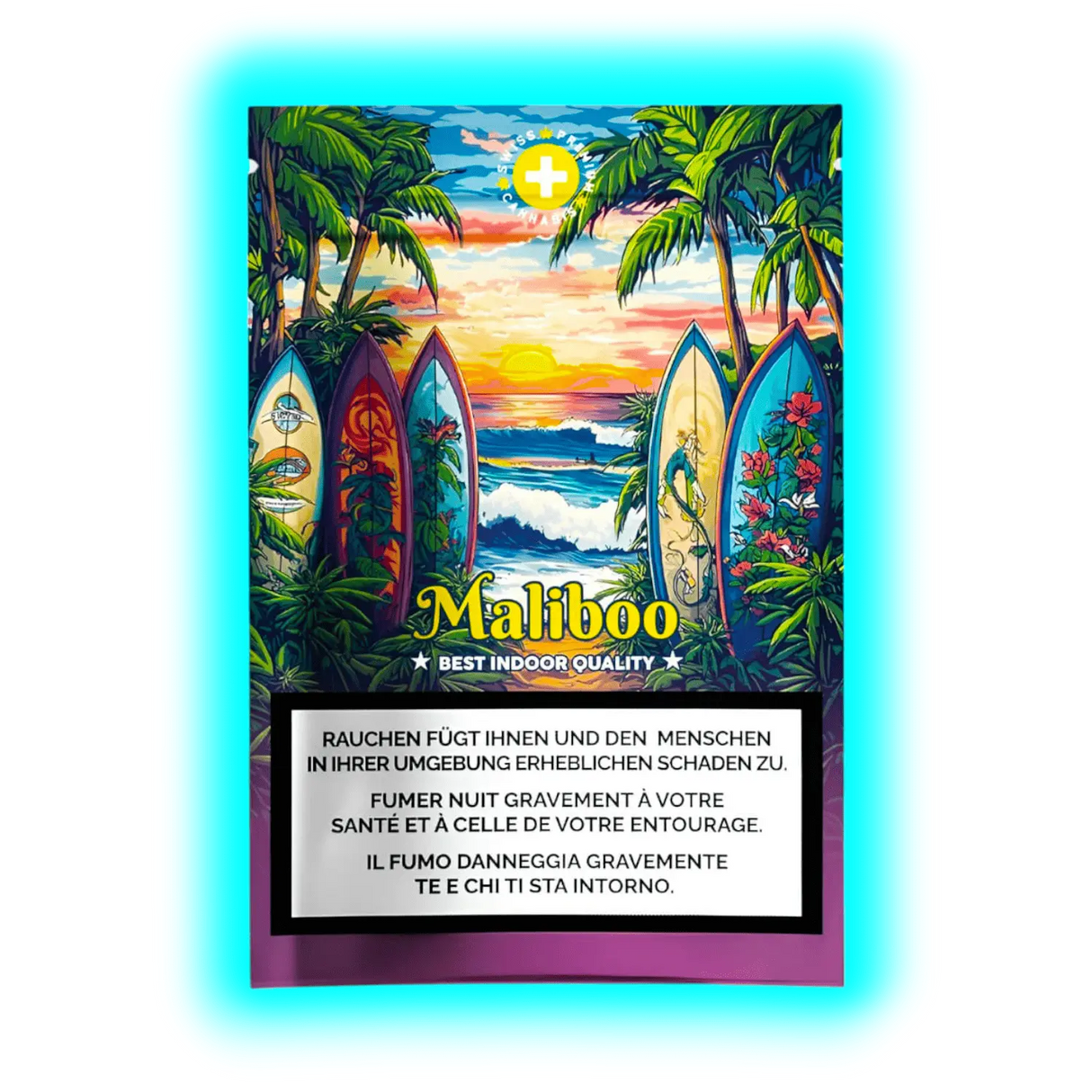 Ausschnitt: Das farbenfrohe Maliboo-Surf-Artwork über den obligatorischen Warnungen zu den Gefahren des Rauchens.
