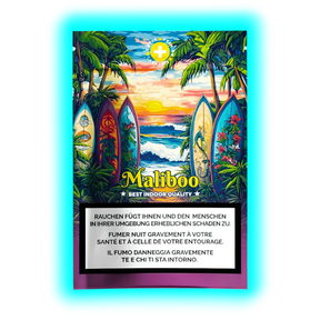 Ausschnitt: Das farbenfrohe Maliboo-Surf-Artwork über den obligatorischen Warnungen zu den Gefahren des Rauchens.