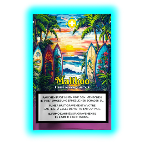 Maliboo Best Indoor Quality‘ Packung mit Surfmotiv, Palmen und Sonnenuntergang sowie mehrsprachigen Warnhinweisen.