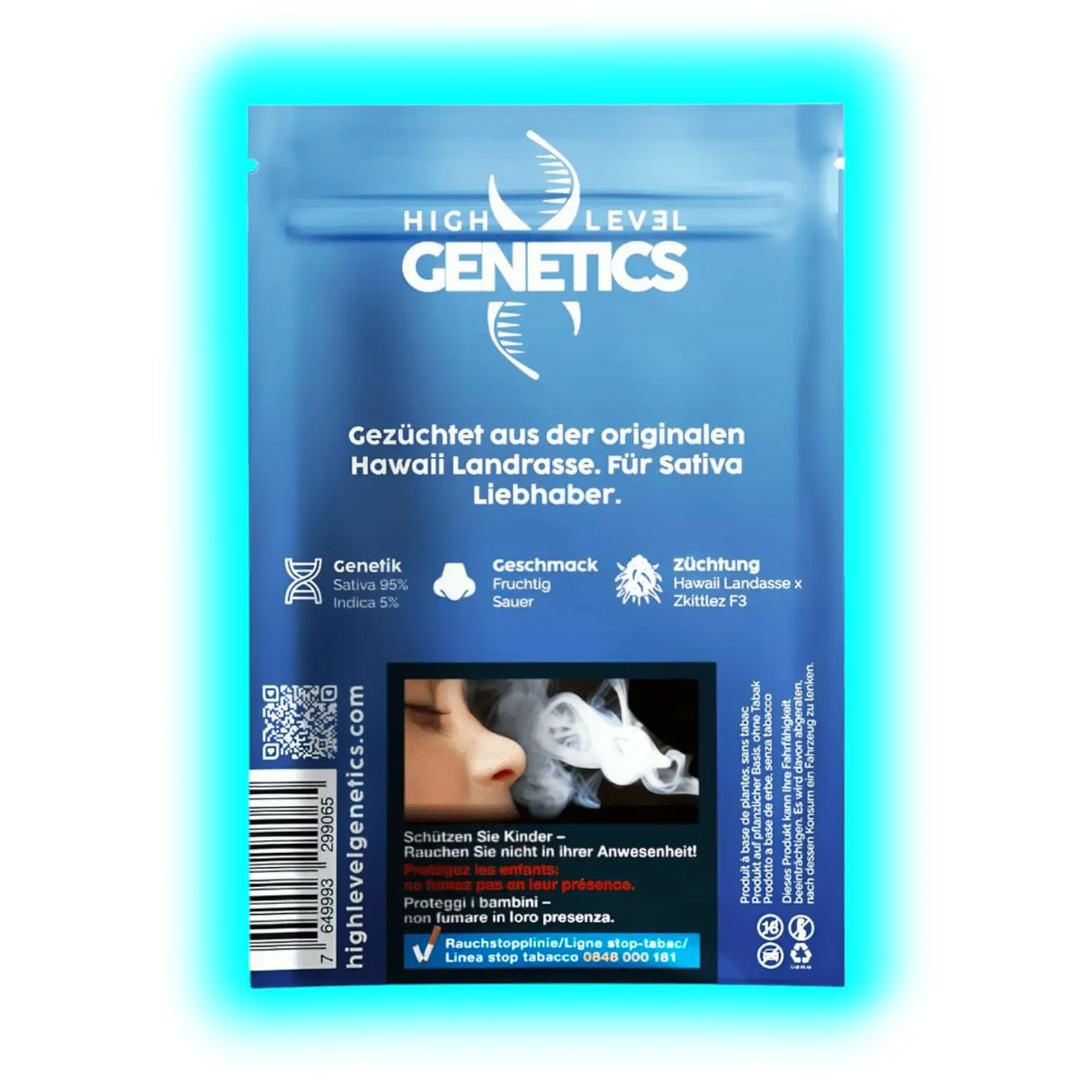 Blaues Verpackungspaket mit dem Schriftzug 'HIGH LEVEL GENETICS' und Text zu Genetik, Geschmack und Züchtung von Sativa-Cannabis aus Hawaii, inklusive Warnhinweis mit Bild einer Person, die Rauch ausatmet.