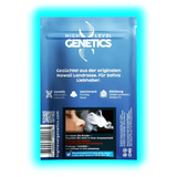 Blaues Verpackungspaket mit dem Schriftzug 'HIGH LEVEL GENETICS' und Text zu Genetik, Geschmack und Züchtung von Sativa-Cannabis aus Hawaii, inklusive Warnhinweis mit Bild einer Person, die Rauch ausatmet.